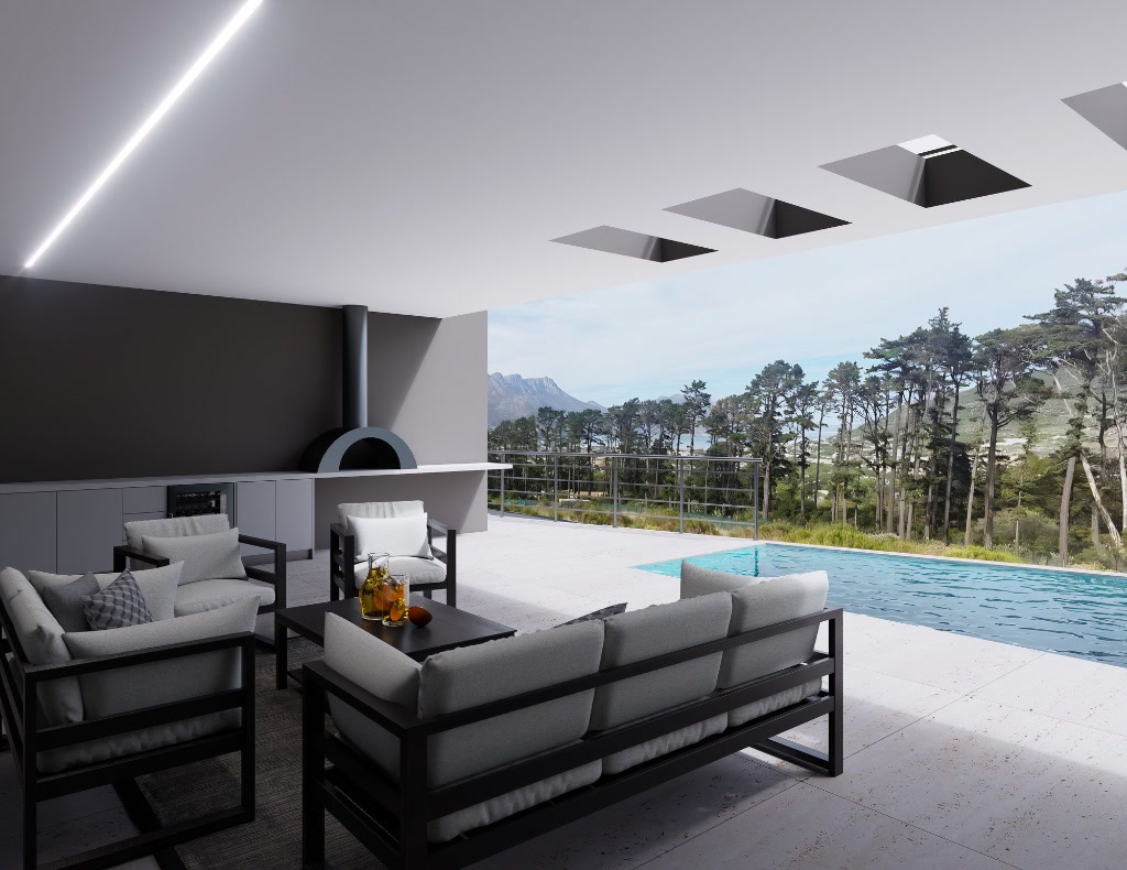 Infinity-edge pool terrace with outdoor lounge, looking toward the mountains.