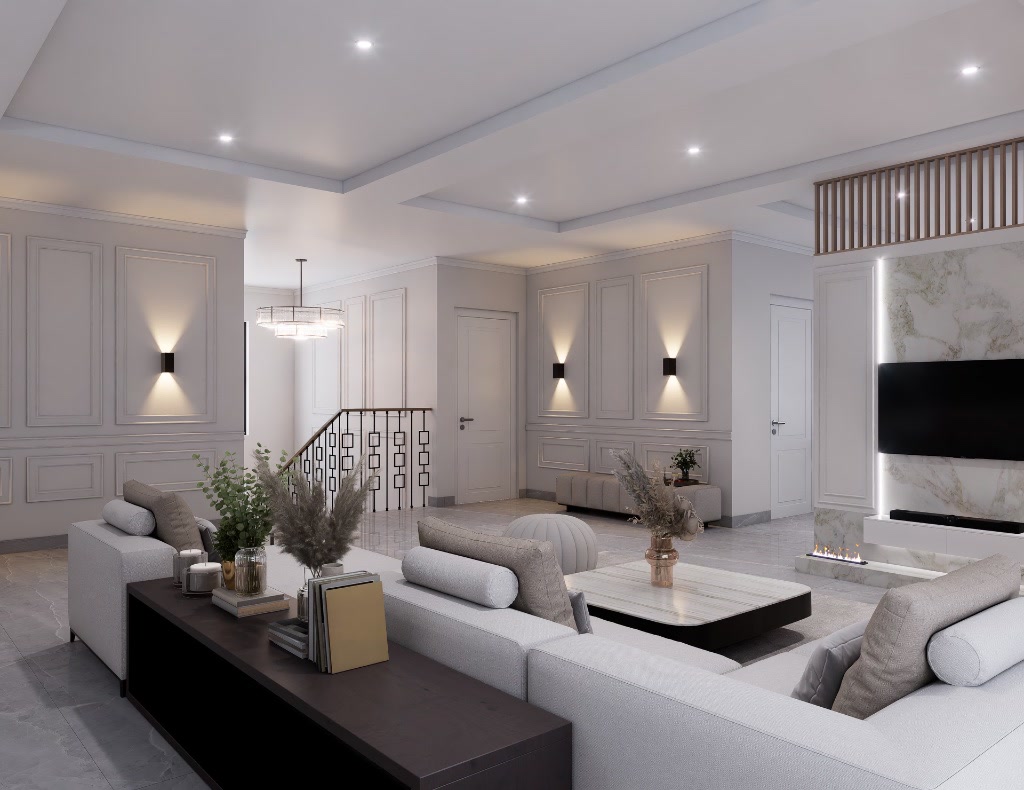Open-plan living room with modular sofa, marble media wall and ribbon fireplace.