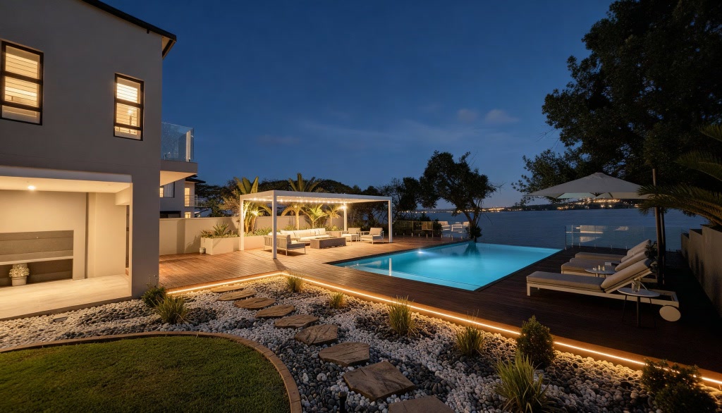Infinity pool and timber deck overlooking the bay at twilight.